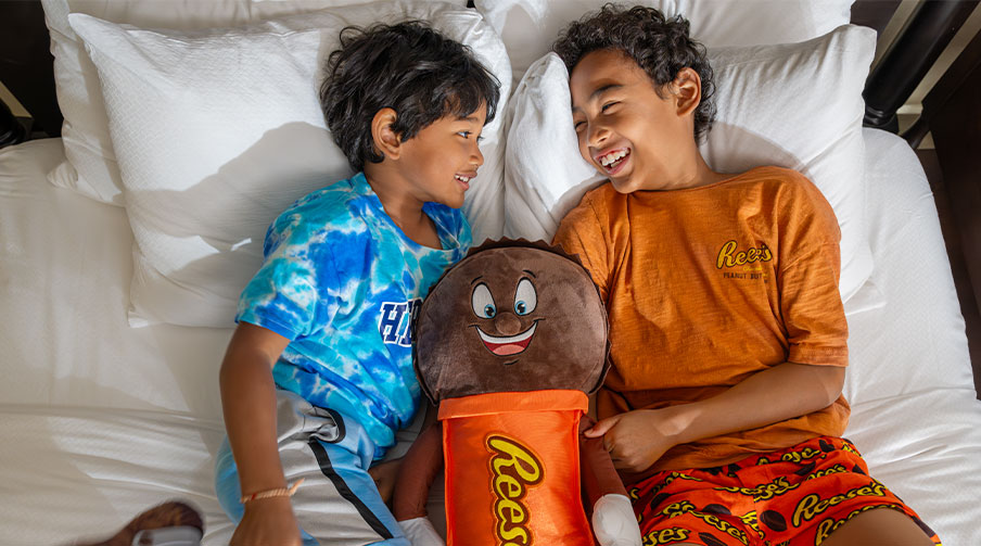 Brothers on bed at Hotel Hershey.