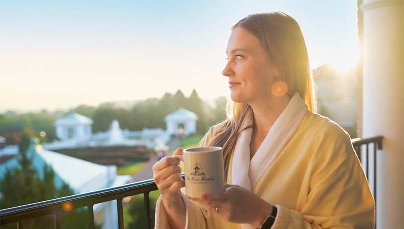 A customer enjoying coffee while at the spa